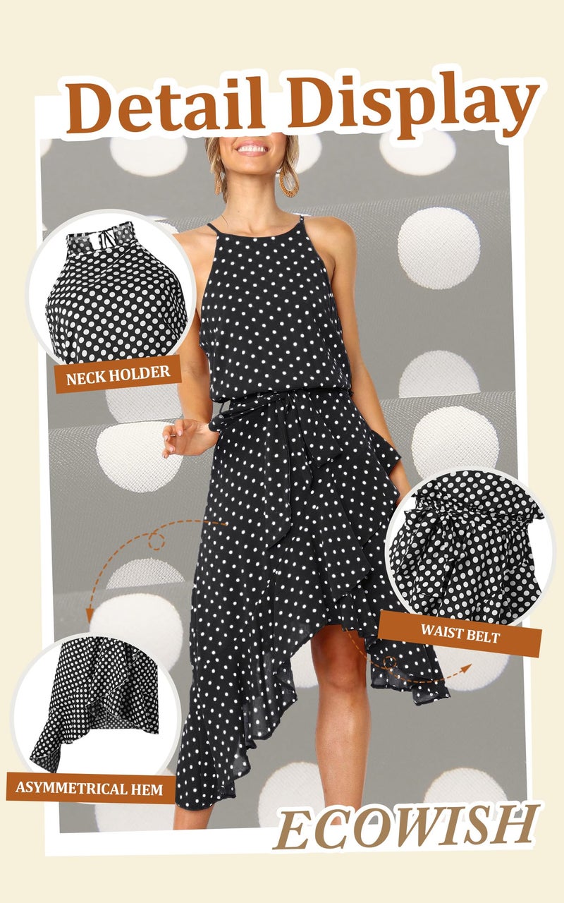 ECOWISH Polka Dot Women Summer Dress Midi A Line Ruffle High Low Sleeveless Boho Floral Halterneck Cocktail Tie Knot Sundress Black Small - Image 5